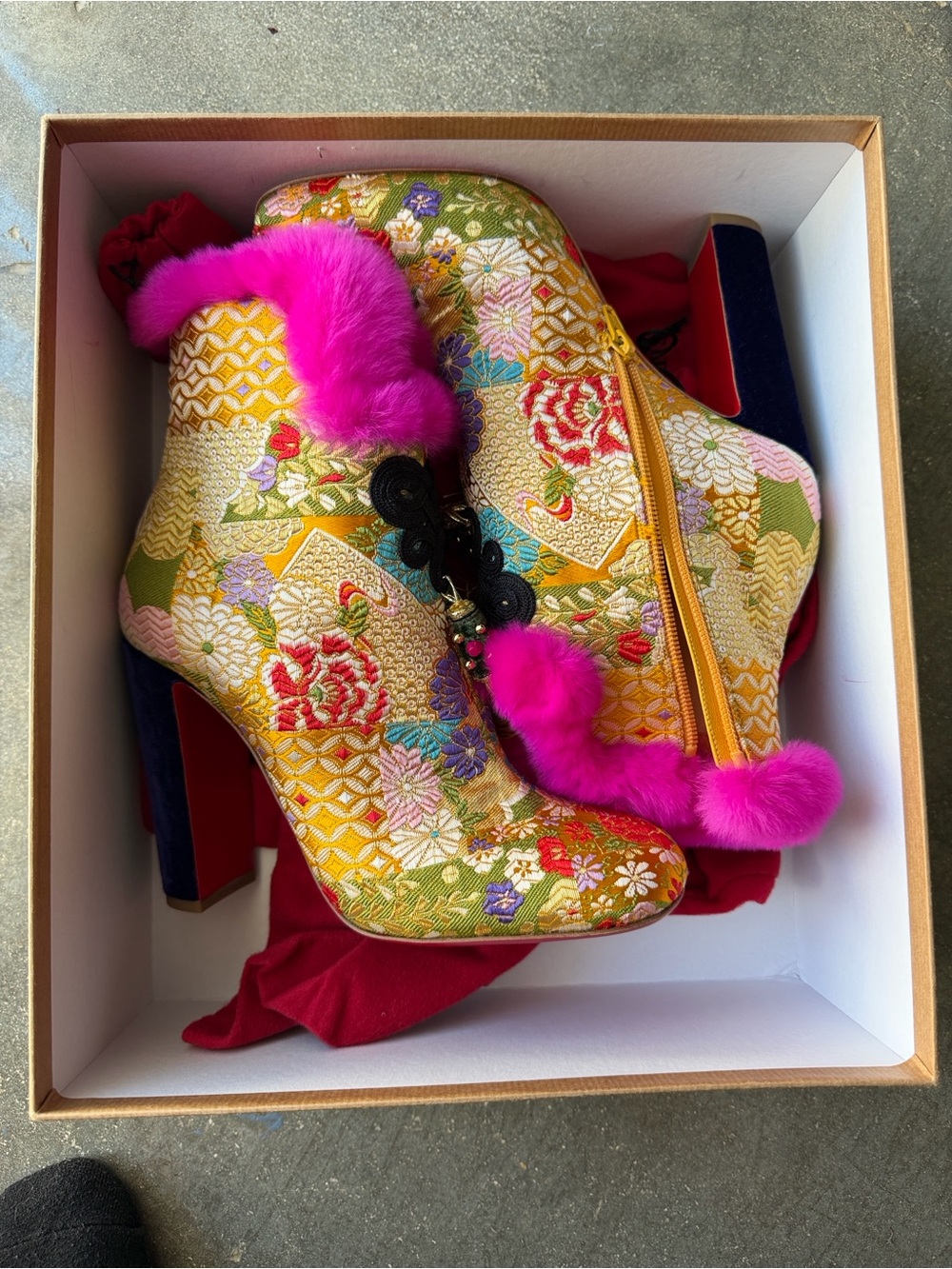 Christian Louboutin Multicolor Brocade Platform Ankle Boots with Pink Fur Trim